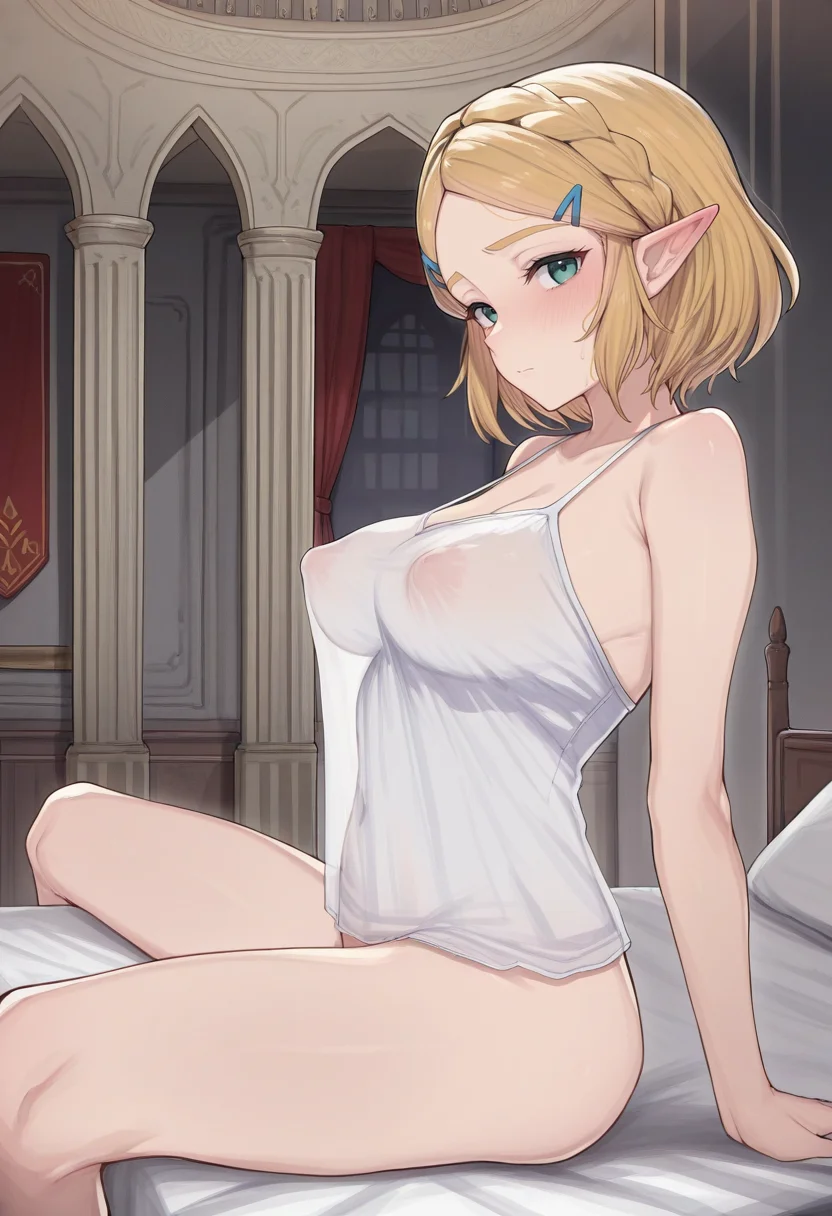 masterpiece, best quality,
<lora:Sos_Adult_Style:1> S0sad0lt, 1girl, solo, from side, sitting, spread legs, looking at viewer, princess zelda, short hair, blonde hair, white camisole, see-through clothes, covered nipples, indoors, bedroom, palace,