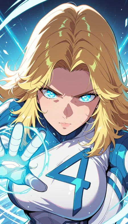 suest0rm, melanch0ly, 1990s, retro anime, masterpiece, best quality, absurdres, very aesthetic, scenery, dynamic fighting pose, 1girl, solo, susan storm, fantastic four, long blonde hair, glowing blue eyes, large breasts, magic, close up, upper body, portrait, volumetric lighting, , <lora:SueStormInvisibleWomanv2:0.8>, <lora:Melancholyv2:1>, <lora:illustriousXL_stabilizer_v1.72:0.4>, <lora:NOOB_vp1_detailer_by_volnovik_v1:0.4>