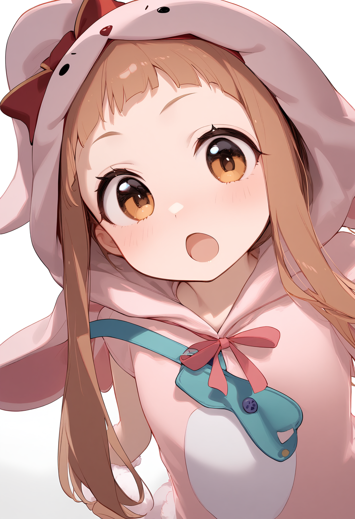 1girl,ichihara nina,kigurumi,open mouth,solo,rabbit costume,d,ribbon,blush,looking at viewer,white background,simple background,<lora:a31_char_new_ichihara_nina:1>masterpiece, best quality, absurdres<lora:a31_style_koni-000010:0.8>