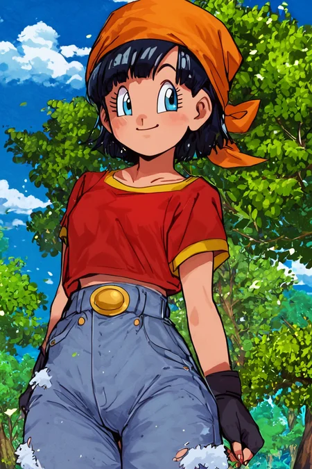 score_9, score_8_up, score_8, medium breasts, (curvy), cute, eyelashes, BREAK, , zzPan, black hair, short hair, bandana, gloves, fingerless gloves, red shirt, denim pants, <lora:Pan_Dragonball_PDXL:0.8>, , BREAK, smile, looking at viewer, cowboy shot, outdoors, sky, day, cloud, tree, blue sky, sunny, Expressiveh, <lora:Alola_Style_PDXL:0.8>, <lora:Expressive_H-000001:0.4>,