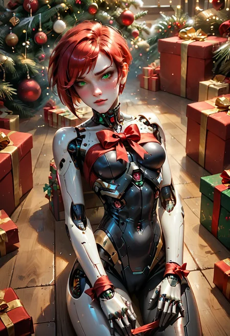 bw, breast wrap, ribbon, robogirl, ChristmasWintery, android, robot skin, green eyes, pixie cut hair, red hair, petite, blushing, small breasts, nsfw, bound, tied up in ribbon, under a Christmas tree, suggestive pose, score_9, score_8_up, score_7_up, masterpiece, highly detailed, laying down, source_anime, surrounded by presents, Expressiveh, laying on floor, tomboy, cute, flirty,