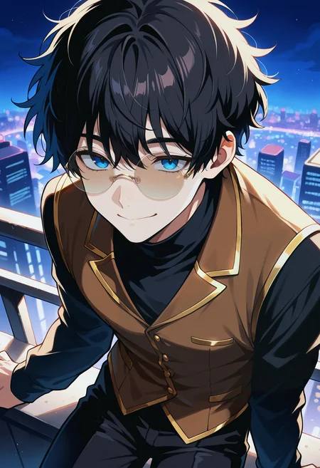 masterpiece, best quality, newest, 1boy, solo, black hair, messy hair, blue eyes, sunglasses, circle-frame eyewear, black turtleneck, thick hair, rimless eyewear, black clothes, (gold trim), bangs, brown vest, gold buttons, black pants, closed smile, cityscape, night time, pince nez, shirt under vest