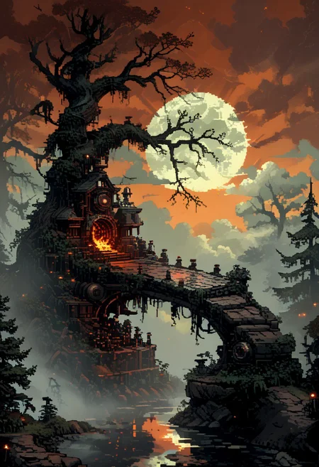 score_9, score_8_up, score_7_up, yamer_pixel_fusion, pixel art,
Moloch's Envoy, a fearsome figure, standing at the center of a ritual circle in a forest clearing, lit by a ring of fire. The sky above is a whirlpool of dark clouds, with a single, piercing star providing a natural spotlight. Surrounding trees are gnarled and twisted, their branches reaching towards the sky as if in supplication.,
in the style of a vintage, high-contrast setting, capture the essence of a campy and sensual satanic ritual. Emphasize theatrical elements with bursts of bright colors against dark, moody backgrounds
, retro futuristic, atompunk, hyper-detailed, dark fantasy, lofi, d3p1x3l, pixel art