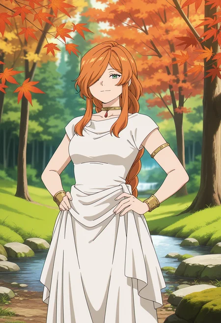 anime screencap, masterpiece, best quality,
<lora:SousouNoFrieren_Flamme_IlluXL:0.9>,
1girl, solo, closed mouth, light smile,
braided ponytail, orange hair, long hair, green eyes, hair over one eye,
FlammeSSnF, ancient greek clothes, white dress, neck ring, short sleeves, bracelet, armlet, long dress,
standing, looking at the viewer, hands on own hips, cowboy shot,
fantasy, medieval, photo background, forest, tree, moss, stream, stone, leaf, maple tree, grass, nature, blurry background