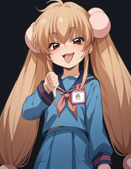 score_9, score_8_up, score_7_up, source_anime, <lora:rin-kokonoe-s1-ponyxl-lora-nochekaiser:1>, rin kokonoe, long hair, brown hair, hair ornament, twintails, brown eyes, very long hair, hair bobbles,, school uniform, serafuku, long sleeves,, bus stop, waiting, commuter, smartphone, checking time, cold morning, , <lora:thumbs-down-ponyxl-lora-nochekaiser:1>, thumbs down, blush, from below, smug, tongue, tongue out, open mouth, black background, looking at viewer, solo,, dutch angle, cowboy shot