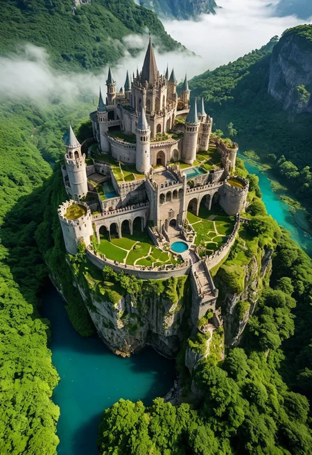 A breathtaking aerial view of an ancient floating citadel, suspended high above the clouds, Built upon sheer cliffs that plunge into misty depths below, the city radiates outward in intricate concentric layers, each level adorned with lush greenery, crystalline waterways, and grandiose stone bridges that connect the various sections of this celestial kingdom. The architecture is a mesmerizing blend of medieval fantasy and divine artistry, with towering gothic spires, ornate buttresses, and weathered stonework, giving the impression of an ancient civilization that has thrived here for centuries. At the heart of the citadel, a grand fountain adorned with glowing sapphire waters cascades into an elegant courtyard, surrounded by verdant gardens and elegant pathways lined with marble statues of forgotten deities. The city's outermost wall, an immense ring of towering arches and fortified bastions, stands as a testament to its impenetrable design, its aged stone entwined with creeping vines and radiant flora that thrive in the high-altitude sunlight. The surrounding landscape is dotted with more floating islands, each crowned with regal castles and winding stairways that disappear into the mist, creating a mesmerizing network of aerial sanctuaries. Below, cascading waterfalls spill from the edges of the cliffs, their shimmering streams merging into hidden lakes nestled within the abyss.