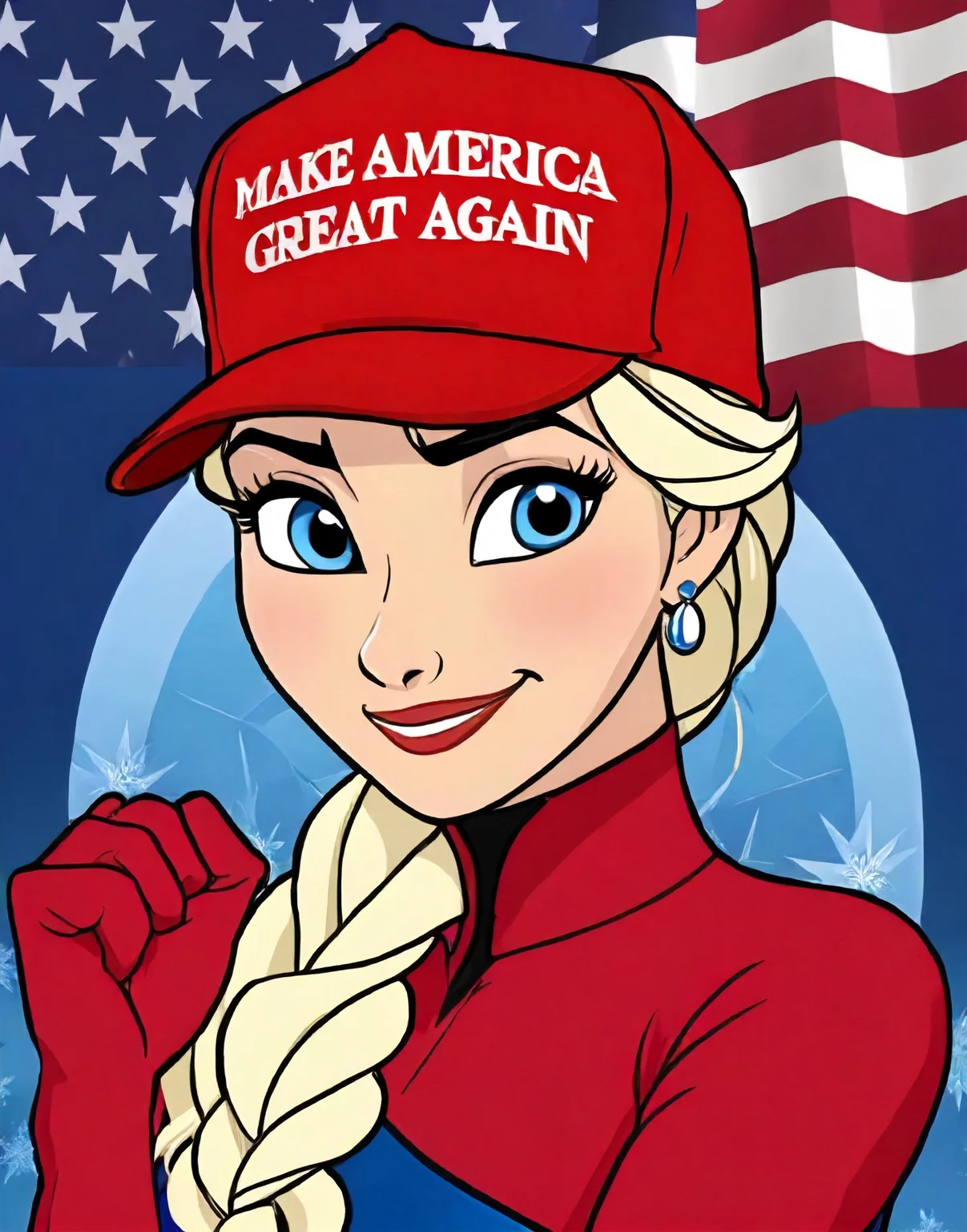 elsa from frozen wearing red maga hat. upper body. cartoon. professional. photo. high quality. highres. ([:hat with text "make america great again":0.15]:1.1).  
<lora:maga_hat_optimized:1.0>