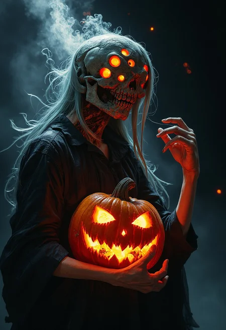 cinematic lighting, insane details, hyperrealistic extreme close-up macro photography, 64-megapixel DSLR. A vibrant, action-packed anime scene in a sketch-like style with thick, bold lines. A beautiful freckled Woman Holding a ugly eerie carved Pumpkin in her arm, illuminated circular lights float around the Pumpkin skull, giving him an ethereal, mysterious aura. The glowing runes on his head pulse with energy, radiating a dark power. Atmospheric haze surrounds the scene, heightening the contrast between the deep blacks of the background and the vibrant white lights. The intense aura swirling around him feels ready to explode with necromantic energy, creating a striking visual of raw emotion and supernatural power in this eerie, sci-fi fantasy setting.