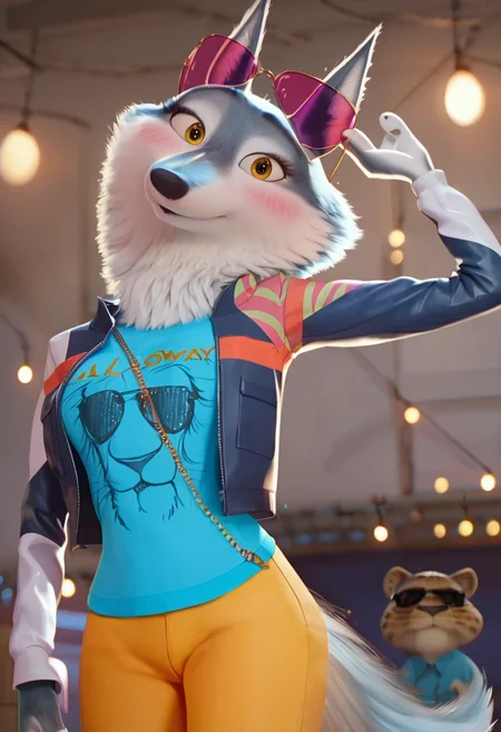 zPDXL, score_9,score_8_up,score_7_up,_up, best quality, amazing quality, masterpiece, 1girl, looking at viewer, solo, fullbody, cute, blush, tight cloth, blush, close, upper body, porsha,  yellow eyes, white-blue fur, wolf girl, wolf ears, wolf tail,  blue t-shirt, lion head print calloway t-shirt, jacket, yellow pants, sneakers, sunglasses, eyewear on head, purple eyewear, <lora:PorshaUPDATED:1> indoors, stage, party lights,  contour_deepening, depth of field, huge filesize,large breasts, blurry background