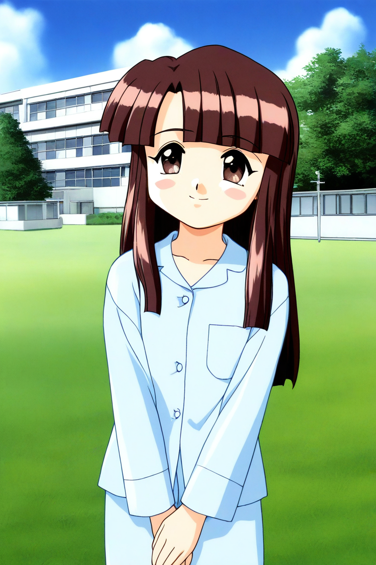 general,highres, ultra-detailed,very aesthetic,best quality ,best hands, BREAK <lora:Sakurai_Miyuri_Suchie-Pai_Ver2.0_IS:1>
Sakurai_Miyuri, 1girl, solo, brown hair, long hair, brown eyes, blunt bangs,
smile,
light blue pajamas, v arms,
blue sky, day, grass. outdoor, hospital building,
