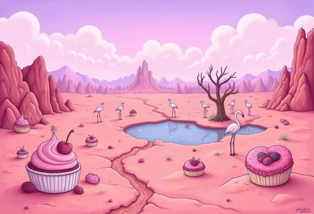 w31rdc4rt00n, an illustration featuring a pink desertscape filled with pink sand. There are heart shaped cream cakes scattered around the place. There is a small oasis in the distance sorrounded by flamingoes. The sky is of soft pink and purple colors