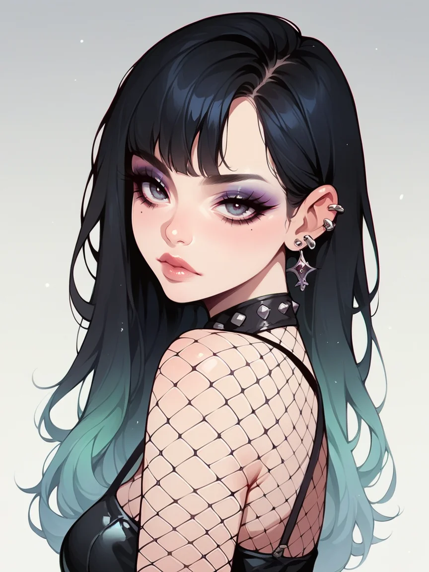 source_anime, score_9, score_8_up, score_7_up, score_6_up, score_5_up, <lora:egirlXLP:0.8> egirl, 1girl, solo, makeup, black hair, gradient hair, ear piercing, eyeshadow, fishnet pantyhose,