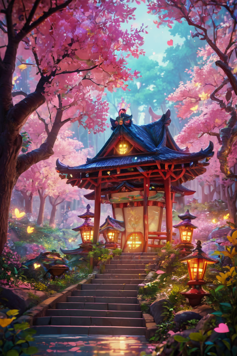 score_9, score_8_up, score_8,   , pnkBldng, east asian architecture, tree, nature, forest, lantern, stairs, BREAK, blooming stars, luminescent petals, otherworldly fragrance blurry background, (glowwave:1.1), BREAK,  embedding:zPDXL,    <lora:PinkBuildingsPDXL_v2:0.6>,  <lora:SDXLFaeTastic2400:0.5>,