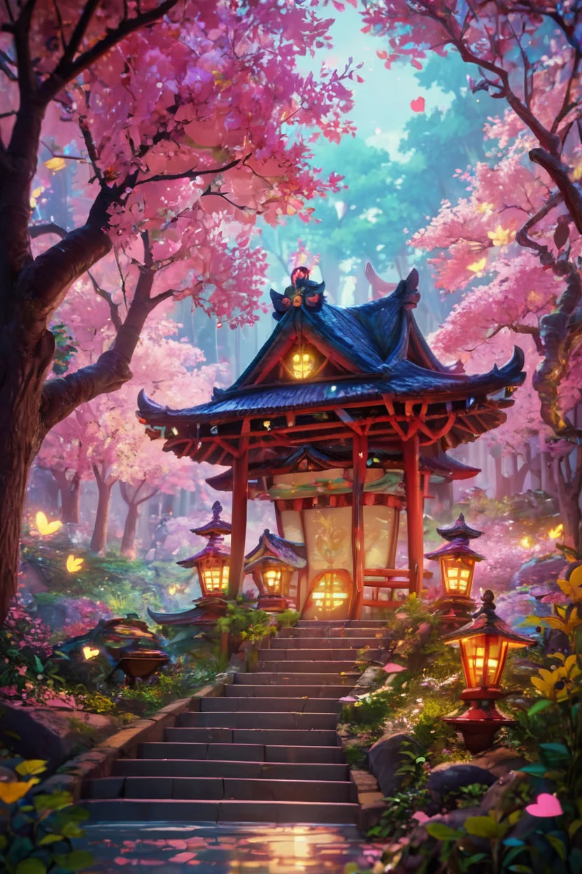 score_9, score_8_up, score_8, , pnkBldng, east asian architecture, tree, nature, forest, lantern, stairs, BREAK, blooming stars, luminescent petals, otherworldly fragrance blurry background, (glowwave:1.1), BREAK, embedding:zPDXL, <lora:PinkBuildingsPDXL_v2:0.6>, <lora:SDXLFaeTastic2400:0.5>,