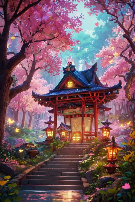 score_9, score_8_up, score_8,   , pnkBldng, east asian architecture, tree, nature, forest, lantern, stairs, BREAK, blooming stars, luminescent petals, otherworldly fragrance blurry background, (glowwave:1.1), BREAK,  embedding:zPDXL,    <lora:PinkBuildingsPDXL_v2:0.6>,  <lora:SDXLFaeTastic2400:0.5>,