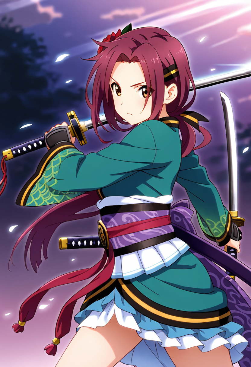 <lora:ruka_IXL-10:0.7> 1girl,tachiarairuka,red hair,hairclip,red hair flower,rukadefaultoutfit, cowboy shot,dual wielding katana
best quality,masterpiece