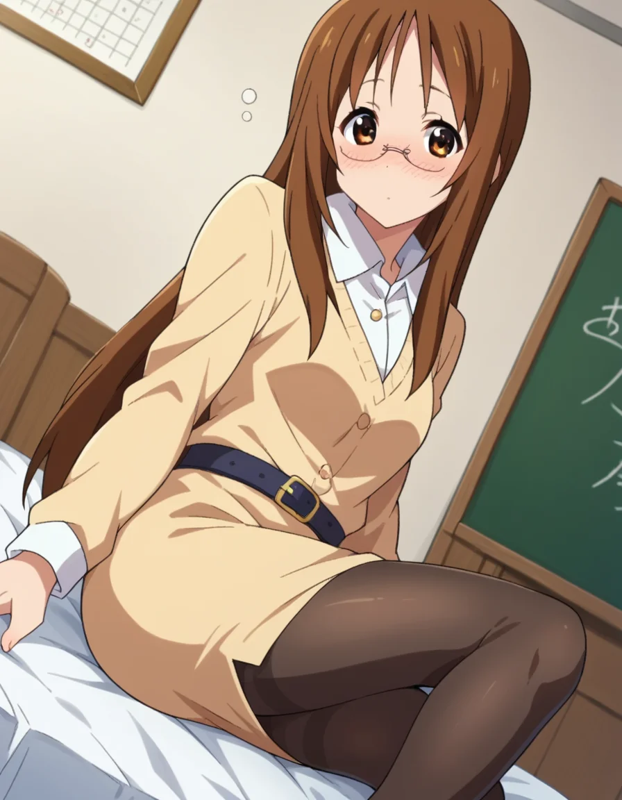 score_9, score_8_up, score_7_up, source_anime,
sawakoyamanaka, <lora:sawako-yyamanaka-s2-ponyxl-lora-nochekaiser:1>,
sawako yamanaka, brown eyes, brown hair, glasses, long hair,
belt, official style, pantyhose, teacher, dress, light brown dress, skirt, pencil skirt,
indoors, bed, bed room, on side, blush, drunk,
looking at viewer, dutch angle, cowboy shot,