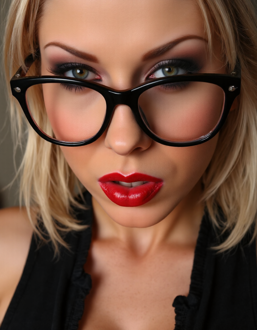 A striking portrait of a fierce woman with piercing eyes and bold, direct eye contact. She wears natural-looking brick-red lipstick and large, avant-garde glasses. The composition embodies a high-fashion editorial aesthetic, blending ethereal beauty with dramatic shadows and luxurious fashion details. The zoomed-out perspective places the subject in 30% of the frame, leaving ample negative space around her head for a modern, minimalist feel. The subtle 3D effect enhances the visual depth, creating a captivating and dynamic image.