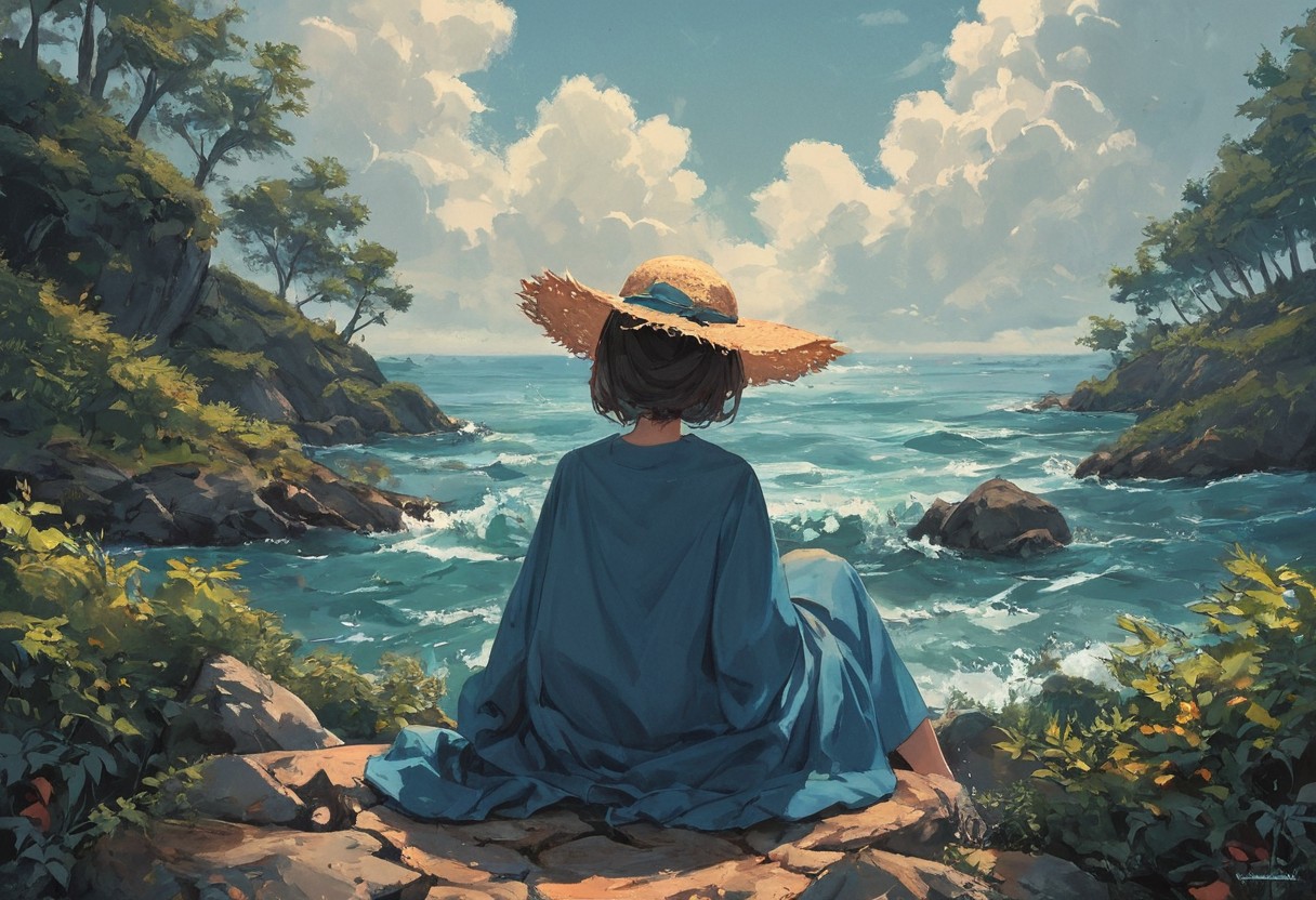 score_9, score_8_up, score_7_up,  score_6_up, score_5_up, The image is a painting of a woman sitting on a rock by the ocean. She is wearing a blue dress and a large straw hat with a blue ribbon tied around it. The woman is facing away from the camera, with her back towards the viewer. The ocean is visible in the background, with small waves crashing onto the shore. On the right side of the image, there is a rocky shoreline with trees and bushes. The sky is blue and the overall mood of the painting is peaceful and serene. The painting is done in a realistic style, with loose brushstrokes and vibrant colors.