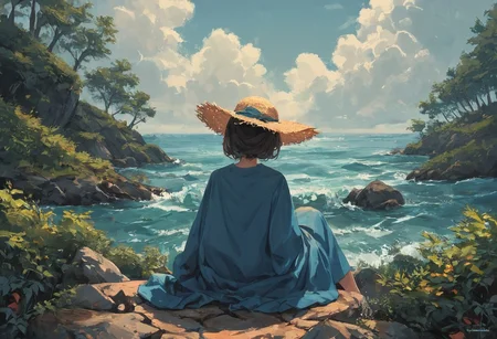 score_9, score_8_up, score_7_up, score_6_up, score_5_up, The image is a painting of a woman sitting on a rock by the ocean. She is wearing a blue dress and a large straw hat with a blue ribbon tied around it. The woman is facing away from the camera, with her back towards the viewer. The ocean is visible in the background, with small waves crashing onto the shore. On the right side of the image, there is a rocky shoreline with trees and bushes. The sky is blue and the overall mood of the painting is peaceful and serene. The painting is done in a realistic style, with loose brushstrokes and vibrant colors.