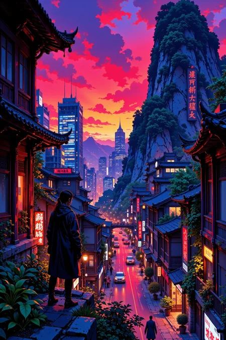 dystopian city beautiful landscape, dusk, woman, very intricate, very detailed, sharp, bright, colorful, <lora:Hand v2:0.5> <lora:Anti-Blur:1><lora:Insane Detail Slider:0.25> <lora:flux.1_lora_flyway_Epic-detail_v2:0.3> <lora:fluxenhancer:0.25> <lora:ROWER:0.6> <lora:flux-charmer-v1-1:0.4><lora:Vibrantly_Sharp_style_v.5:0.4> <lora:realanime:0.7> <lora:Chinese_Ink:0.3> chinese ink style