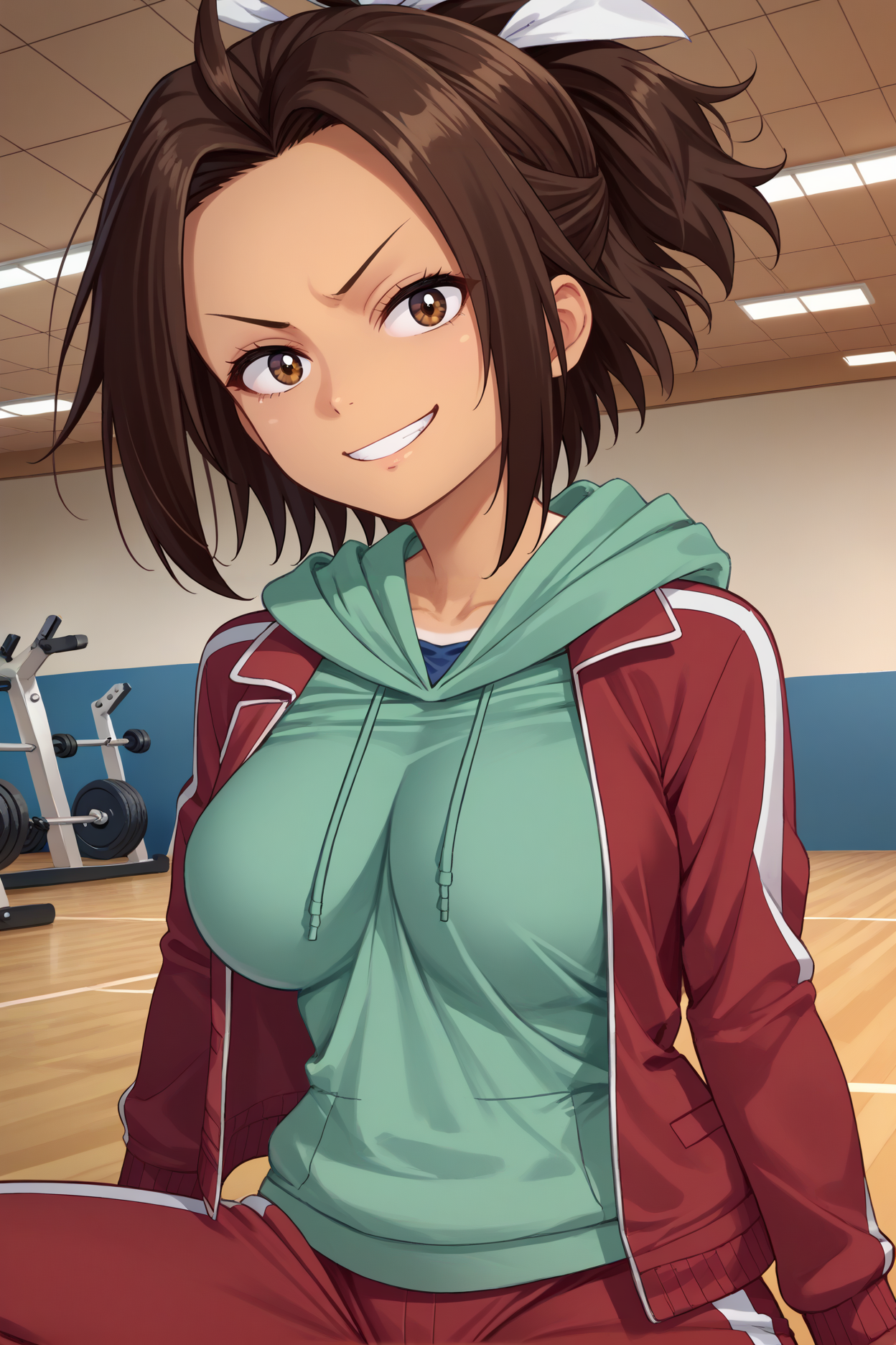 score_9, score_8_up, score_7_up, score_6_up, source_anime, 1girl, solo <lora:hikarihazakura-pdxl-nvwls-v1-000006:1> hazakura, brown hair, short ponytail, short hair, brown eyes, tan, hair ribbon, red jacket, green hoodie, track pants, red pants, large breasts, looking at you, smirk, upper body, gym