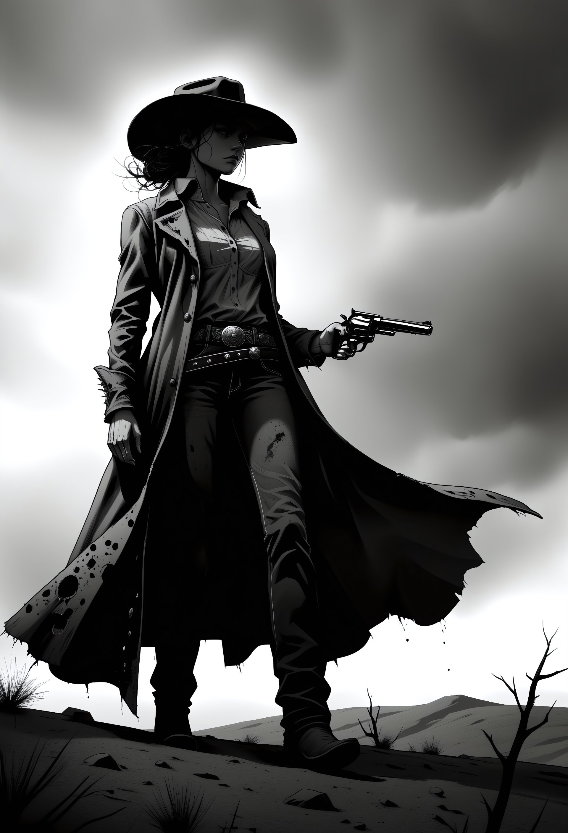 Monochromatic silhouette of a female cowboy, dramatic western style.  lone figure, confidently walking, holding a pair of revolvers.  Deep black silhouette against a stark white background with subtle gray splatters, wide-brimmed cowboy hat, a long, flowing coat, classic western attire, prominent belt.  Expression is stoic and determined, exuding a sense of quiet strength and confidence. strong and capable figure illustrative, resembling hand-drawn black and white graphic novel art.  Atmospheric mood, somber and slightly dramatic, conveying the atmosphere of a lone cowboy in the wilderness.   stark contrast, swm29, revolver