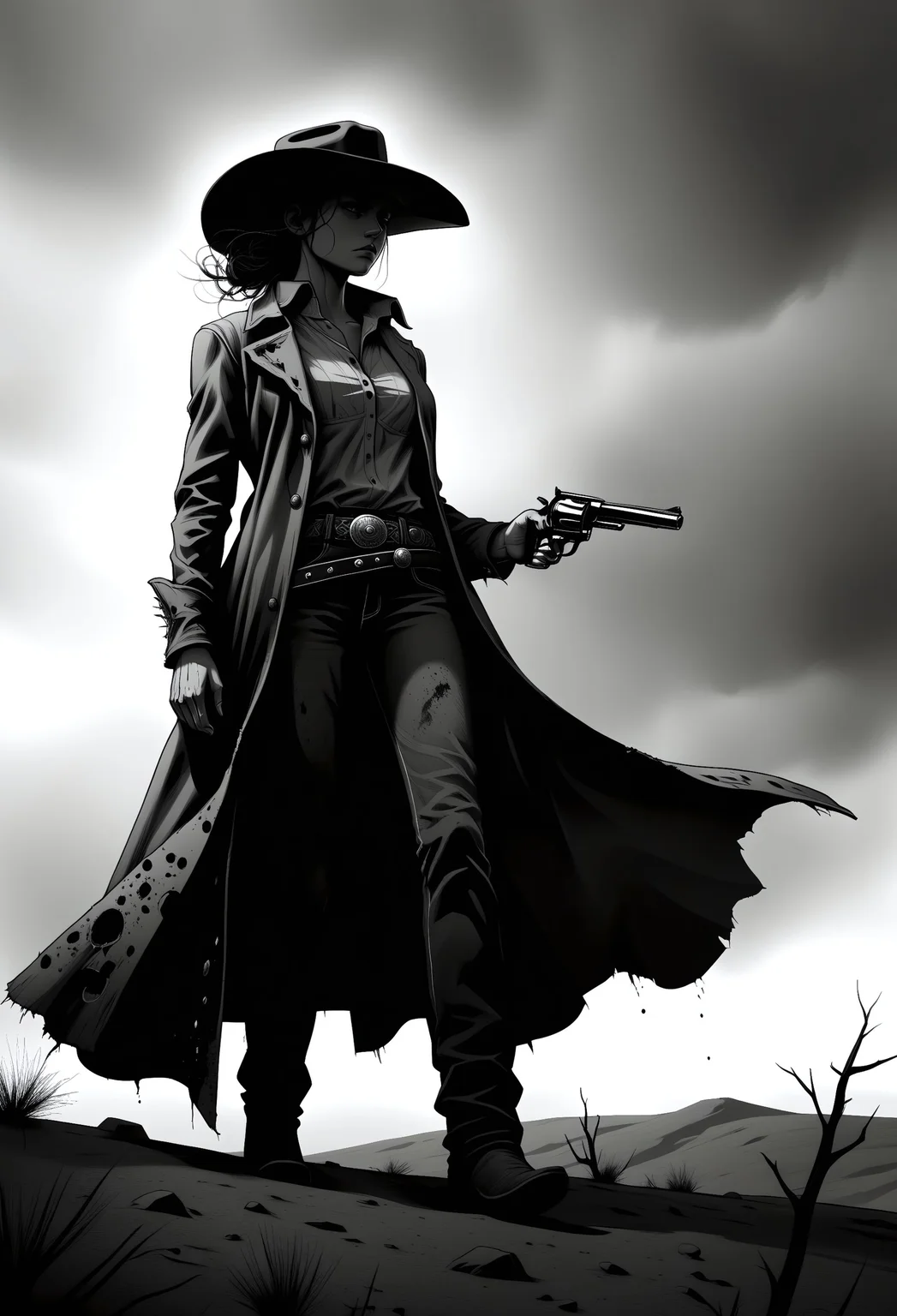 Monochromatic silhouette of a female cowboy, dramatic western style. lone figure, confidently walking, holding a pair of revolvers. Deep black silhouette against a stark white background with subtle gray splatters, wide-brimmed cowboy hat, a long, flowing coat, classic western attire, prominent belt. Expression is stoic and determined, exuding a sense of quiet strength and confidence. strong and capable figure illustrative, resembling hand-drawn black and white graphic novel art. Atmospheric mood, somber and slightly dramatic, conveying the atmosphere of a lone cowboy in the wilderness. stark contrast, swm29, revolver