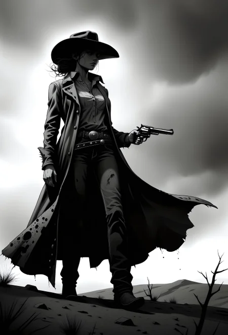 Monochromatic silhouette of a female cowboy, dramatic western style. lone figure, confidently walking, holding a pair of revolvers. Deep black silhouette against a stark white background with subtle gray splatters, wide-brimmed cowboy hat, a long, flowing coat, classic western attire, prominent belt. Expression is stoic and determined, exuding a sense of quiet strength and confidence. strong and capable figure illustrative, resembling hand-drawn black and white graphic novel art. Atmospheric mood, somber and slightly dramatic, conveying the atmosphere of a lone cowboy in the wilderness. stark contrast, swm29, revolver