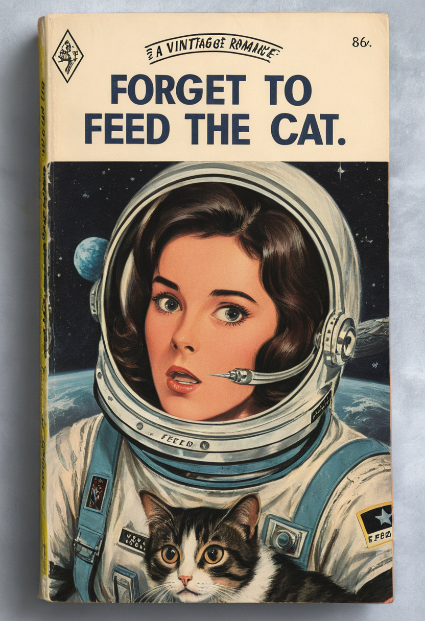 book cover of a vintage romance novel called "forgot to feed the cat" depicting a (surprised:1.5) astronaut, <lora:wizards_vintage_romance:1>