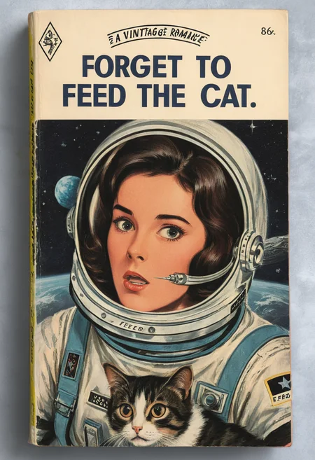 book cover of a vintage romance novel called "forgot to feed the cat" depicting a (surprised:1.5) astronaut, <lora:wizards_vintage_romance:1>