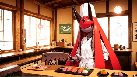 masterpiece, best quality, absurdres, very aesthetic, high quality, highres,
 <lora:Splatterina:0.7> Splatterina, red hair, horns, colored sclera, pink eyes, pokemon (creature), cleaver,
chef hat, apron, 
 <lora:nigirizushi:0.2> nigirizushi, food, japanese restaurant, counter, showcase, omakase, sushi plate, behind counter, cutting fish with clever, looking at viewer, solo, indoors, window, lens flare,