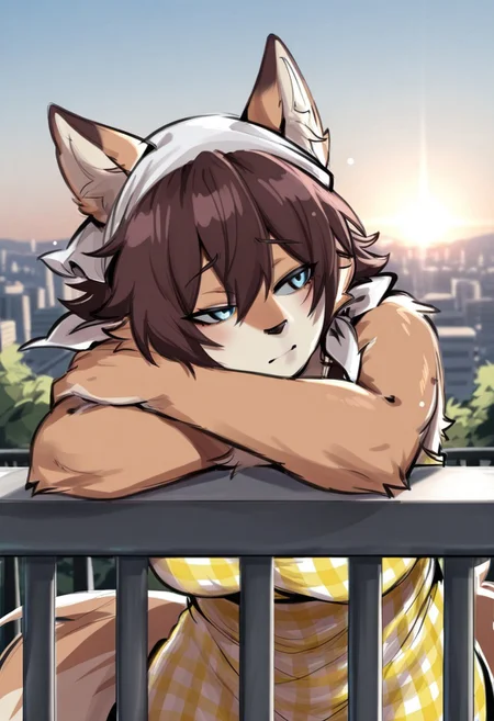 masterpiece, best quality, good quality, very awa, newest, highres, absurdres, highres, very aesthetic, (furry:1.5), fur, fur covered, highly detailed fur, fluffy body fur, (no humans:1.3), KureNaiZ,
BREAK,
1girl, solo, female anthro wolf, thin face, angular features, wolf ears, wolf tail, fluffy, brown fur, brown hair, short hair, blue eyes, detailed eyes, white headscarf, yellow sundress, gingham, sleeveless, hand on railing, head resting on arm, face focus, closeup, sad ears, looking to the side,
BREAK, 
balcony, stone railing, white railing, summer, sunlit, dreamy, cityscape, afternoon light, chill atmosphere, depth of field, faded color, nature, detailed background, dreamy lighting, contrasting shadows, evocative composition, dynamic contrasts,