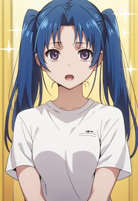 score_9, score_8_up, score_7_up, source_anime, kawashima ami, blue hair, long hair, purple eyes, 1girl, solo, twintails, shirt, anime coloring, t-shirt, sparkle, white shirt, looking at viewer, upper body, short sleeves, open mouth