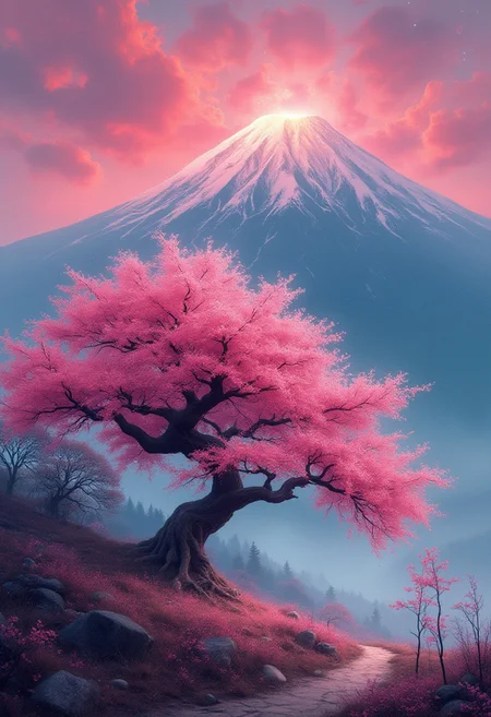 score_9, score_8_up, score_7_up, surrealistic landscape scene. big mountain in the background. Red-purple neon clouds in the sky. Top of the mountain is covered with a soft light. harmonious shine. In the foreground is one big tree of life. sakura tree. gigantic large thorn tree with many pink petals. dreamy scene. romantic impressionism, dream landscape art, beautiful romantic, style of Thomas Kinkade, beautiful compositioncombining realism with a subtle artistic touch. watercolorpainting, imperialism, vivid color, vivid background, focus on tree