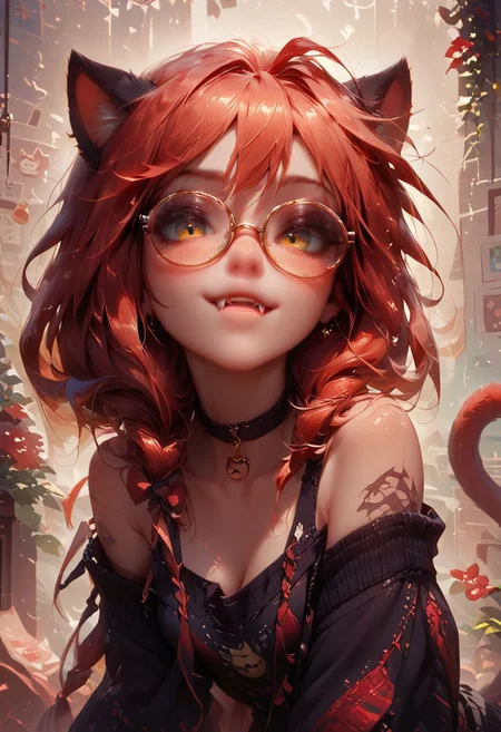 score_9, score_8_up, score_8, score_9, glasses, tattoo, choker, red bow, freckles, piercing, cat ears, tail, cat paw, red bow on hair, cat girl, fangs, nekomiyahinata, perfecteyes