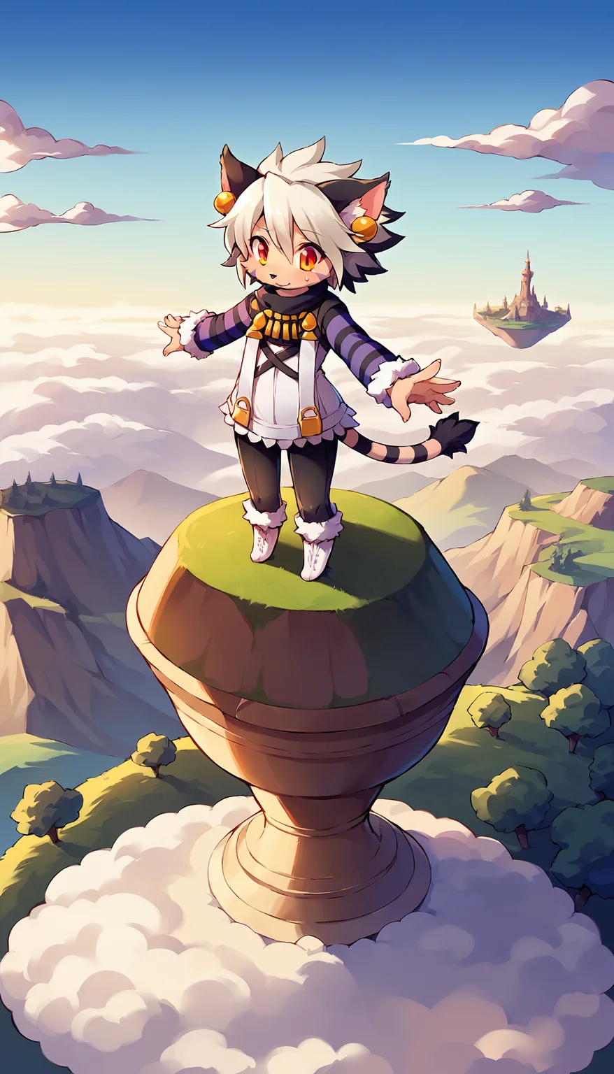 score_9, score_8_up, score_7_up, source_anime
BREAK
<lora:ElhPDXL:1> elh, 1girl, solo, furry female, cat girl, full body, standing, standing on tiny island, sweatdrop, balancing, arms outstretched, looing down, nervous, :o, cute, red eyes, orange eyes, body fur, elhattire, fur-trimmed sleeves, fur trim, black pants, white boots, cat ears, white hair, short hair, shiny hair, earrings, facial mark, animal nose, striped tail, striped sleeves, floating island, (above clouds:1.2), tree, scenery, landscape, cloud, blue sky