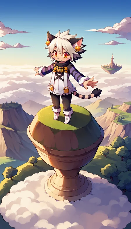 score_9, score_8_up, score_7_up, source_anime
BREAK
<lora:ElhPDXL:1> elh, 1girl, solo, furry female, cat girl, full body, standing, standing on tiny island, sweatdrop, balancing, arms outstretched, looing down, nervous, :o, cute, red eyes, orange eyes, body fur, elhattire, fur-trimmed sleeves, fur trim, black pants, white boots, cat ears, white hair, short hair, shiny hair, earrings, facial mark, animal nose, striped tail, striped sleeves, floating island, (above clouds:1.2), tree, scenery, landscape, cloud, blue sky