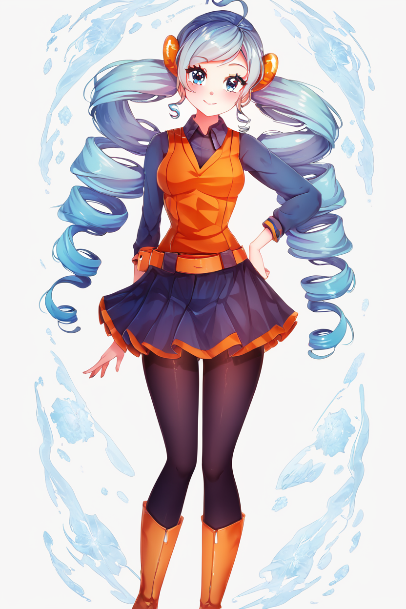 score_9, score_8_up, score_8, medium breasts, (curvy), cute, eyelashes,       ,,, , ,,, zzABW, blue hair, blue eyes, drill hair, orange vest, belt, skirt, black pantyhose, knee boots, scrunchie,  <lora:AceTrainerBW_Pokemon_PDXL:0.8>,  ,,,, BREAK, smile, closed mouth, looking at viewer, cowboy shot, ,,, embedding:zPDXL, Expressiveh, ,,, <lora:Puppypaww_Style_PDXL_v2:0.8>, <lora:SDXLFaeTastic2400:0.5>, <lora:Expressive_H-000001:0.4>,