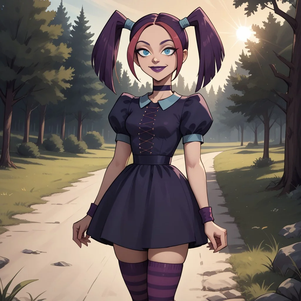 score_9, score_8, BREAK, solo, dark purple hair, twintails, blue eyes, purple lips, lipstick, dark purple dress, short dress, striped socks, knee highs, sneakers, choker, breasts, total drama, Scary_Girl_(Total_Drama), wristbands, sexy pose, self portrait, smile, outdoors, sunlight, shadows, evening lighting, natural lighting, forest, trees, grass, orange sky, sunset