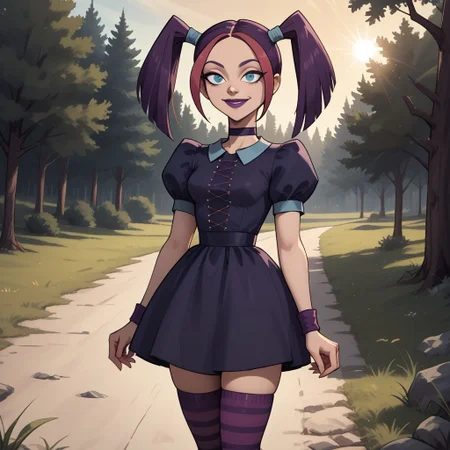 score_9, score_8, BREAK, solo, dark purple hair, twintails, blue eyes, purple lips, lipstick, dark purple dress, short dress, striped socks, knee highs, sneakers, choker, breasts, total drama, Scary_Girl_(Total_Drama), wristbands, sexy pose, self portrait, smile, outdoors, sunlight, shadows, evening lighting, natural lighting, forest, trees, grass, orange sky, sunset