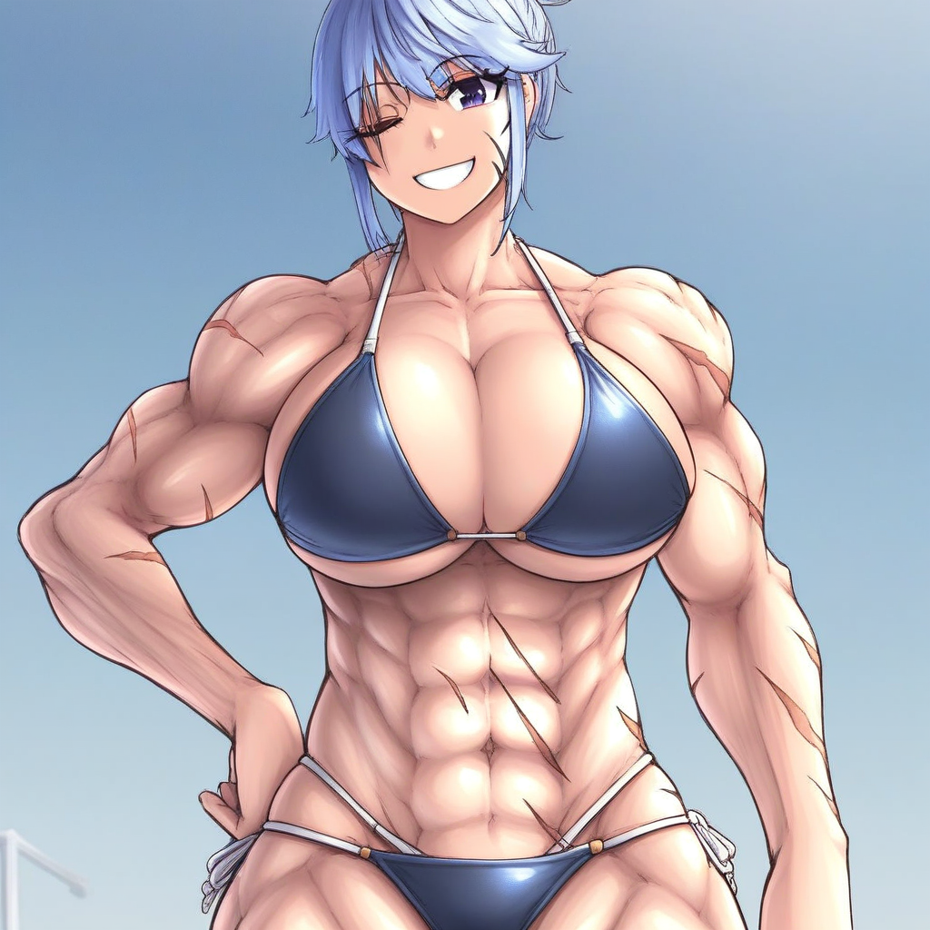 one eye closed, bikini, navel, scar, large breasts, muscular, underwear, smile, blue hair, swimsuit, jewelry