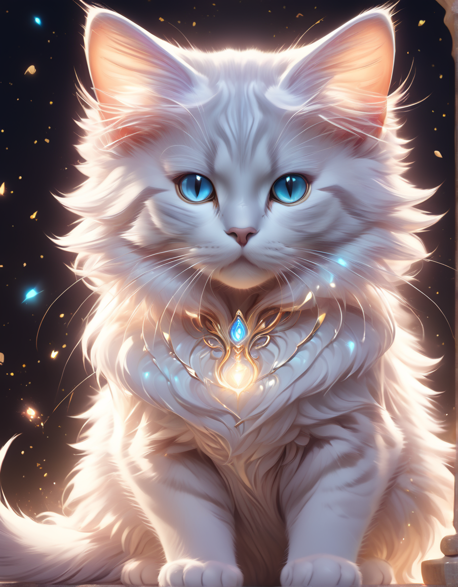 cat,ethereal,magnificinet,radiance,luminous,full body,magical,glowing,eyes glow,particle glow,art by ross tran, 8k uhd,absurd res,ultra detailed,masterpiece,awardwinning,sharp focus,intricate detail,50mm lens,light art,rostran style  <lora:RossTranXL-000007:0.7>