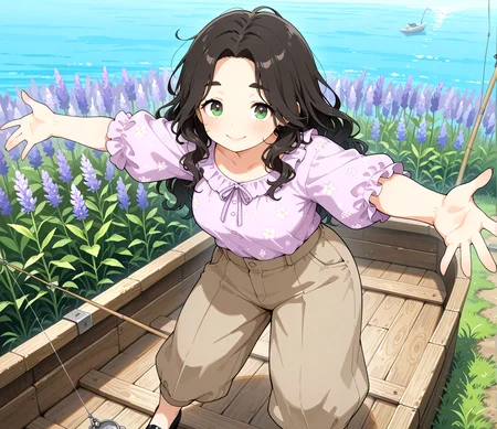 PonyScores7, source_anime, ah1, IllustriousQual, <lora:natsumi_style:0.5>, <lora:by_usakun-pony:0.4> by usakun, <lora:Akina_Bbw_Style_-_PonyXL:0.2> AkinBw
BREAK 1girl, (curly hair), long hair, (black hair:1.3), mature female, (parted hair:1.7), (round face:1.2), (thick eyebrows:1.3), (curvy), round-chin, (greenish brown eyes:1.4), (colorful eyes:1.3), (multicolored eyes:1.3), caucasian, (downturned eyes:1.4), (plump face), messy hair, <lora:Round_face:0.1>, <lora:ETO_OCPonyXL:0.5> eto_oc, skindentation, (plump), thick thighs, wide hips, busty, voluptuous, kinky curls, lips, <lora:venus body PonyXL:0.4>,  ((Smiling face with smiling eyes), (arms stretched wide, body leaning slightly back, legs apart, exuberant and expressive body language), (fishing boats at the harbor)), looking at viewer, ((pale Yellow, Lavender, and Light Grey soft peach floral blouse with high-waisted trousers and black pumps))
BREAK <lora:xl_more_art-full_v1:0.2>, <lora:shinyskin2:0.2> glistening skin, <lora:aesthetic_anime_v1s:0.2>, <lora:Expressive_H:0.2> Expressiveh, <lora:hairdetailpxl:0.2> hairdetailpxl, <lora:EpicF4nta5yXL:0.2>, <lora:detailxl:0.2> detailxl, <lora:Fant5yP0ny:0.2>, best quality, amazing quality, best aesthetic, absurdres, <lora:expressive eyes:0.2> expressive eyes, <lora:eyedetailpxl:0.2> eyedetailpxl, illustration, Volumetric_Lighting, ultra-detailed, very aesthetic, intricate details, 8k, masterpiece, best_quality 
BREAK (Eye-level angle view Extreme Close shot), (zoom out:1.5)
BREAK <lora:Eyes_High_Definition:0.3> EyesHD, Stable_Yogis_PDXL_Positives, AS-Adult, <lora:Complicated fantasy portrait - XL Pony V2.0:0.4>, bad-hands-5, <lora:HDA_Detailer:0.2>, HDA_FatGirlXL,