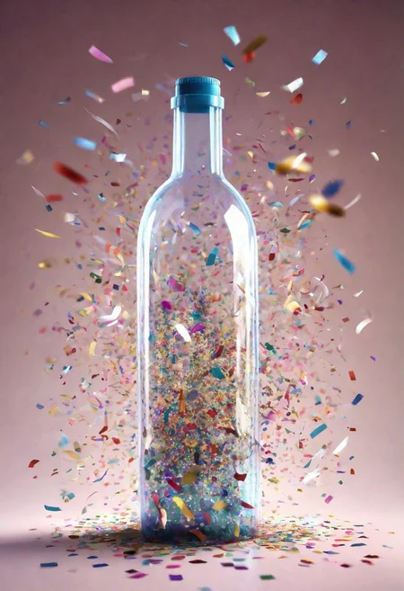 confetti explosion inside a large transparent bottle,