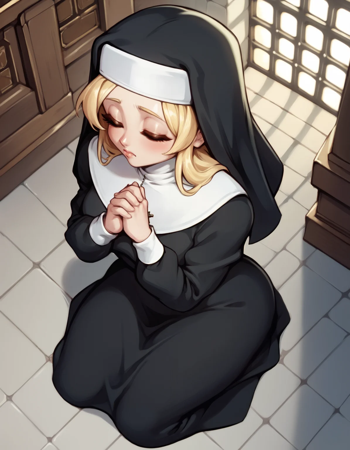 score_9, score_8_up, score_7_up, score_6_up, score_5_up, score_4_up, BREAK 1girl, church, nun, kneeling, praying, from above, closed eyes, blonde hair, long hair, <lora:JuggertuulPDXL:1>
