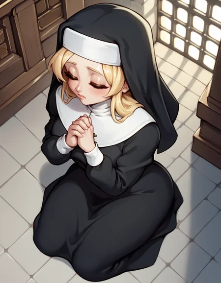 score_9, score_8_up, score_7_up, score_6_up, score_5_up, score_4_up, BREAK 1girl, church, nun, kneeling, praying, from above, closed eyes, blonde hair, long hair, <lora:JuggertuulPDXL:1>