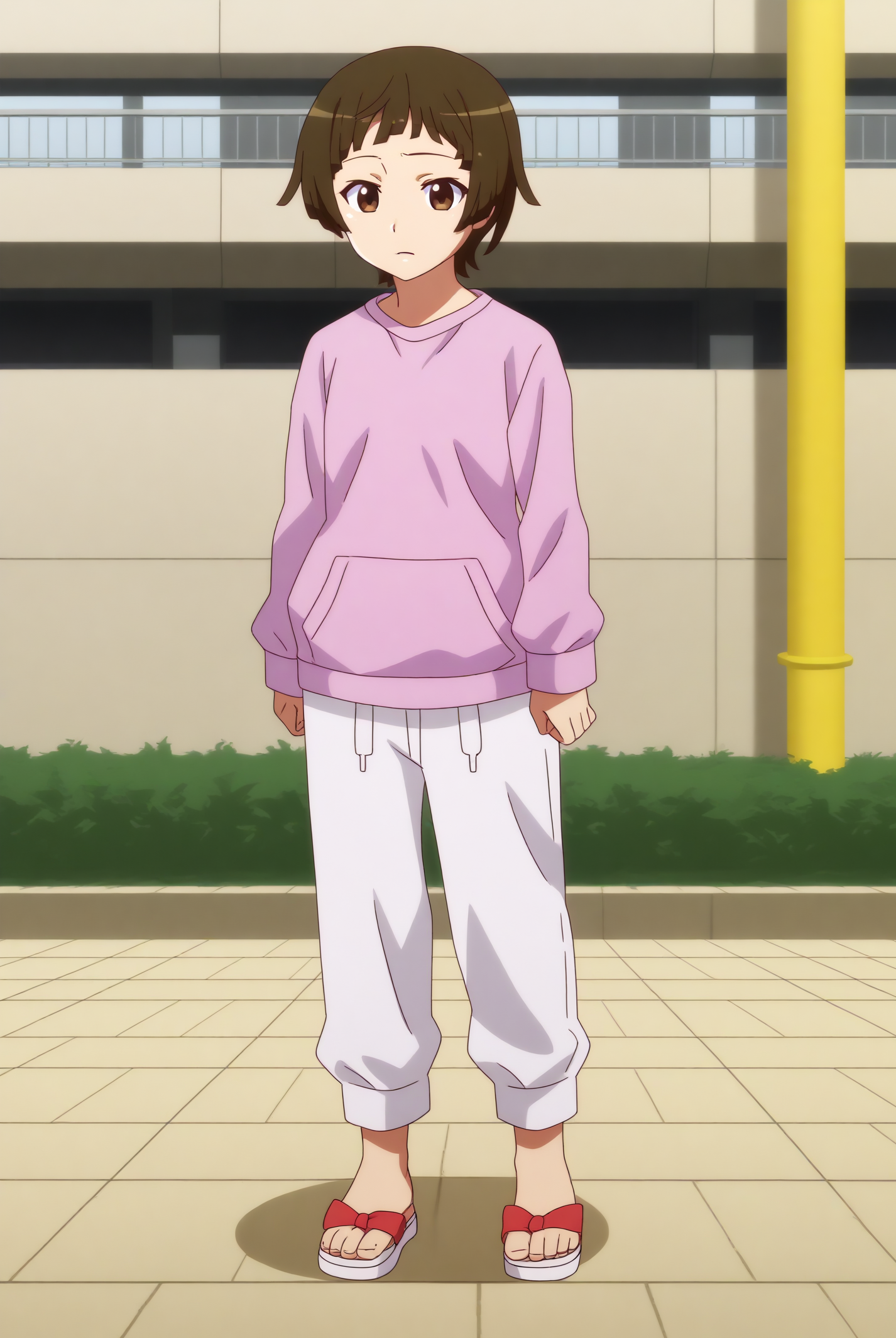 Imanadeko, long sleeves, pink shirt, sandals, white pants <lora:Monogatari-ImaNadeko-PDXL:0.8>