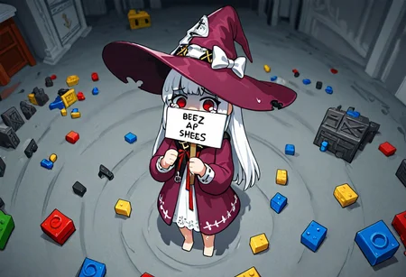 <(((buzz, holding a sign, big sign, text, sign that says "BUZZ_FOR_SHOES_PLZ", "BUZZ_FOR_SHOES_PLZ", "BUZZ_FOR_SHOES_PLZ")))>,,,
(dumb_witch, barefoot, uncovered_legs, red_eyes, white_long_hair, hime_cut, witch_clothes, huge_hat, purple_robe, puffy_long_sleeves, white_dress, dress_under_robe, clothes_decorations, red_ribbon), 
depth_of_field, looking at viewer, wide shot, vanishing point, 
<1girl, solo, full body, whole body, standing, from above, scared expression, bedroom background, Lego, surrounded by Lego pieces, Lego pieces on the ground, small Lego pieces, massive amount of Lego pieces, excessive amount of sweat, sweaty, tears, teardrop>
