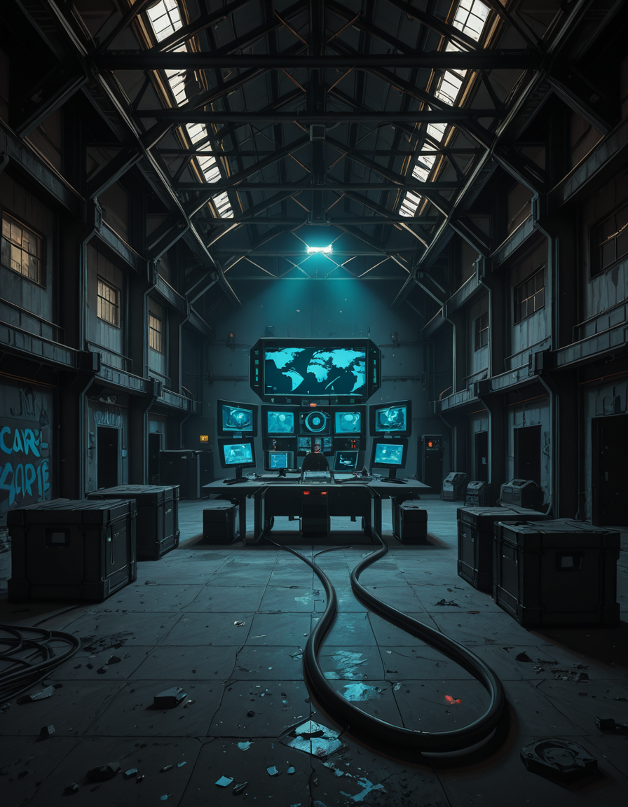 A dark, abandoned warehouse transformed into a villain's secret lair. The structure is massive and industrial, with rusted steel beams, shattered windows, and crumbling concrete walls covered in old graffiti. The floor is dusty and cracked, with scattered debris and oil stains. Dim red and blue lights glow from hidden sources, casting eerie, atmospheric shadows throughout the space. In the center, a high-tech command station glows with holographic maps, control panels, and futuristic computer screens. Advanced equipment, weapons racks, and strange scientific devices are neatly arranged on steel tables. Thick black cables snake across the floor and dangle from the ceiling. Makeshift metal dividers and reinforced crates create hidden zones for operations and storage. The setting is cinematic, mysterious, and tense, with dramatic lighting, high contrast between dark corners and glowing tech, and a realistic, moody art style â like a scene from a dystopian sci-fi thriller. No people or figures are present. 
<lora:SDXLFaeTastic2400:0.4> <lora:extremely_detailed:0.4> extremely detailed,villain secret l41r, <lora:villain_secret_l41r-i:1>, Masterpiece,best quality,hi res,8k,hi res,8k,award winning,(sharp focus, intricate, highly detailed),